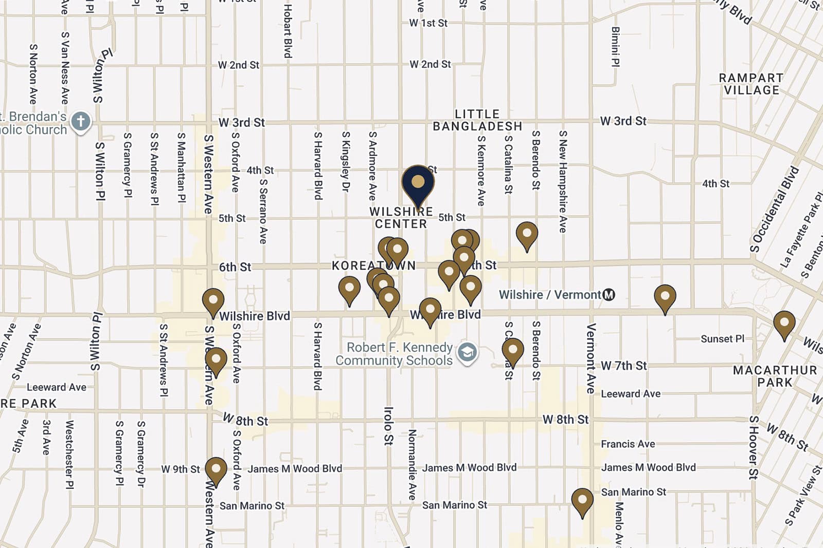 Map of Koreatown restaurants, bars, and landmarks within walking distance of The Ivory at 457 S. Mariposa Ave
